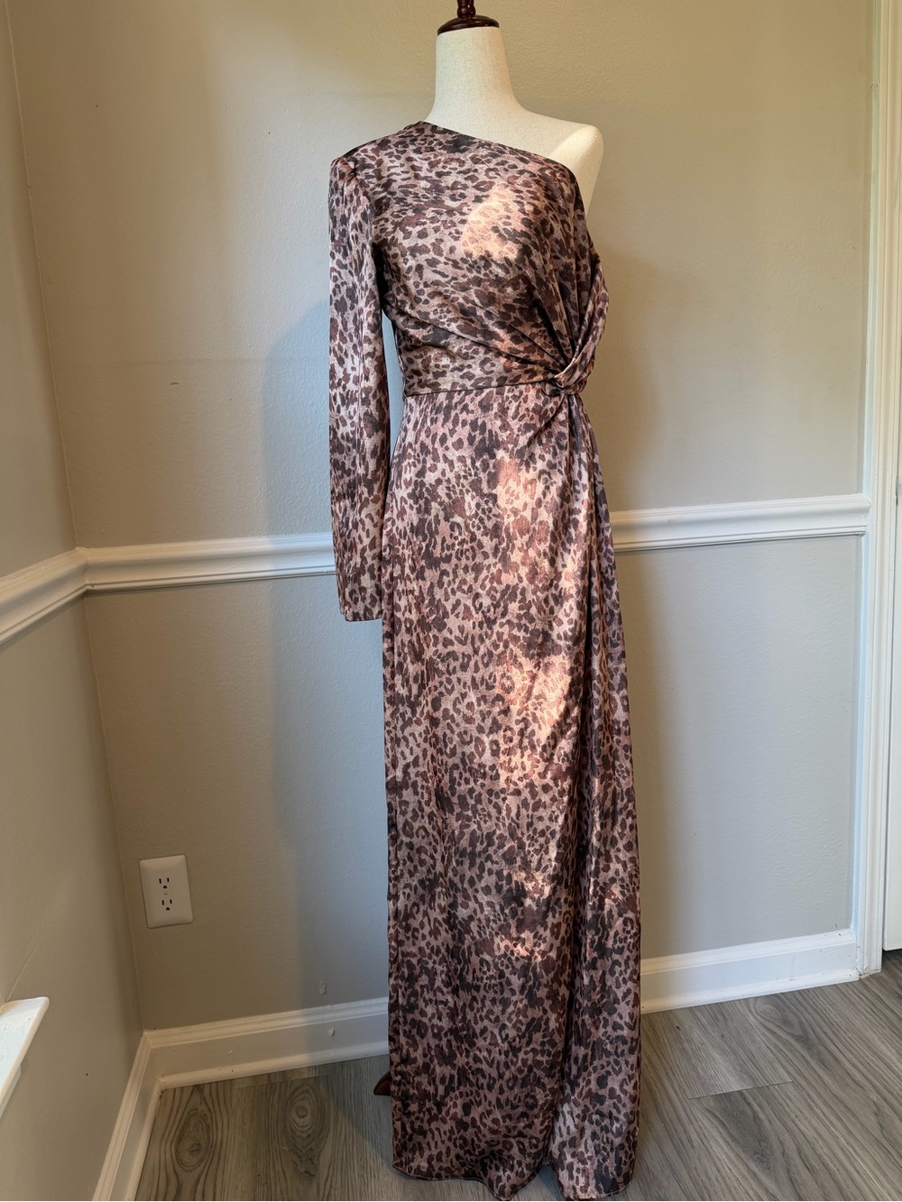 One-Shoulder Leopard Print Satin Maxi Dress in Brown